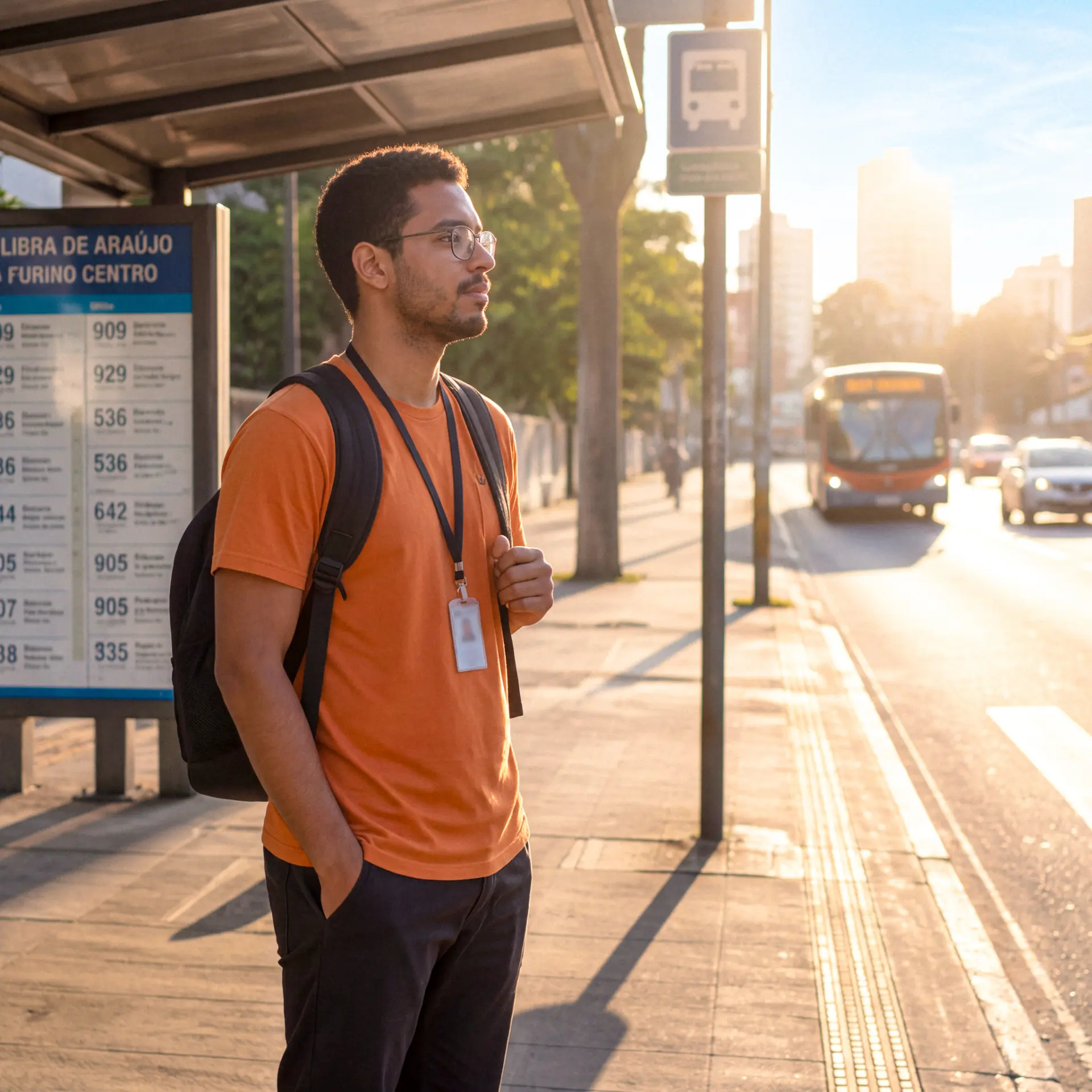 Pessoa aguardando o ônibus no ponto