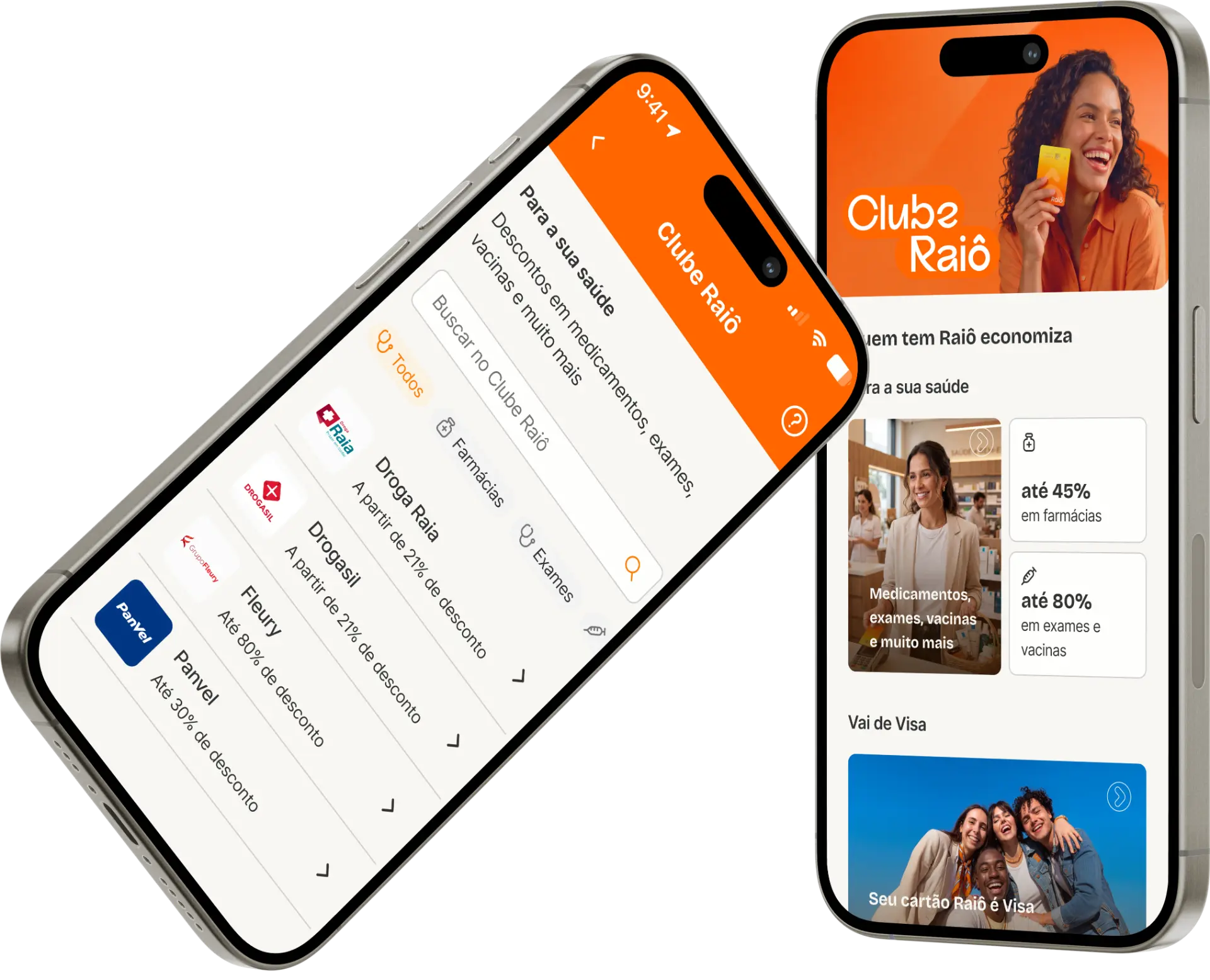 Telas do Clube Raiô dentro do app do colaborador, mostrando a home e a lista de parceiros com descontos